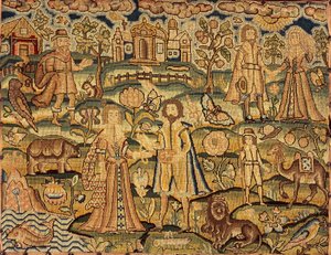 人、花、昆虫、魚、動物を示す刺繍パネル、17世紀 作： Unbekannt