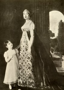 エンパイアガウンとチャイルズドレス、1804年、1937年、バレンシエンヌのレースでトリミング。 作： Unbekannt