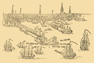1768年にティーパーティーが開催されたボストンでのイギリスの戦争船、c1930。 作： Unbekannt