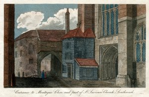 モンタギュークローズへの入り口とセントセイバーズチャーチの一部、サザーク、ロンドン、1814 作： Unbekannt