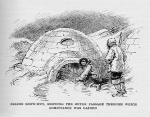エスキモーの雪小屋、入場許可を得た外の通路を示す、c1927、1928 作： Unbekannt