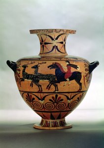 狩猟場面を描いたエトルスコ・アイオニアの黒像ハイドリア、チェルヴェーテリ出土、前540～530年頃（土器 作： Unbekannt