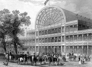 1851年の大展覧会のために建てられたロンドンのクリスタルパレスの北側の廊下の外観 作： Unbekannt