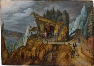 聖アンソニーの誘惑、1600 と幻想的な岩の多い風景。 作： Unbekannt