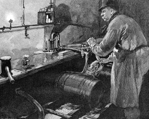 1885年にアメリカの醸造所でビール樽を充填 作： Unbekannt