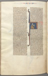 フォル。 482v、黙示録、歴史的イニシャルA、ジョンが机に座って書いている...、c。 1275-1300。 作： Unbekannt