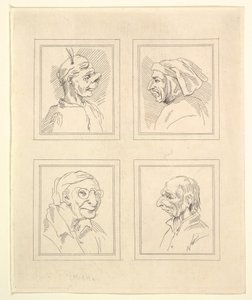 レオナルドダヴィンチのキャラカチュラの4つの頭、ウィンセルラウスホラーの絵のドローイング、1786年。 作： Unbekannt