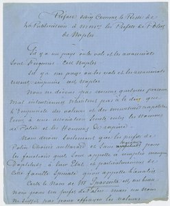 デュマが1832年にパリでポーと出会ったことを記した「Preferences dedie Comme le Reste de La Publication a Mmrs. les Prefets de Police de Naples」の断片（紙にインク）。 作： Unbekannt