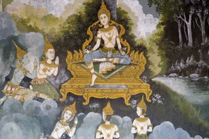 チェンマイのワット・プラ・ドイ・ステープにある仏陀の生涯の場面を描いたフレスコ画。タイ