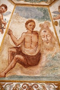 Apulia州Muro Lecceseのドミニコ教会のフレスコ画：洗礼者聖ヨハネの頭を持つ男、イタリア・Muro Leccese 作： Unbekannt