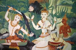 タイのホアヒンにあるワットアンファラムのフレスコ画。髪を切り、前世を捨てた仏陀。 作： Unbekannt