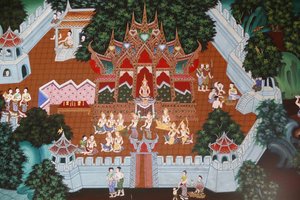タイのホアヒンにあるワットアンパラムのフレスコ画。釈迦の前世の一つである「テミヤ・ジャータカ」（別名：ムガ・パッカ・ジャータカ）。 作： Unbekannt
