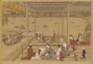 川辺の茶屋の華麗さ、江戸時代、18世紀。 作： Unbekannt