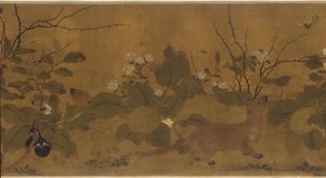 庭の風景: メロン、ナス、花、2 匹のイタチ、1368 年から 1644 年。 作： Unbekannt