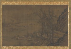 霧深い川の夜明けのガチョウ、15 世紀。 作： Unbekannt