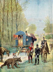 1895年にキャラバンで巡回ジプシーの野営地に国勢調査形式をとるジャンダルム 作： Unbekannt