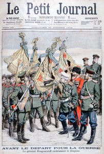 ドラゴミロフ将軍が日露戦争に向けて部隊が出発する前に旗をキスする1904年 作： Unbekannt