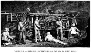 1874年、モンセニストンネルの掘削に使用されたジェルマンソンマイラーの圧縮空気ロックドリル 作： Unbekannt