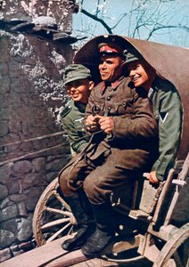 1941年ブルガリアのストルマ渓谷、ブルガリアの兵士がカートに乗ったドイツ高山軍 作： Unbekannt