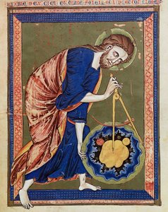 神なる建築家、神。1250年頃のヴィンドボネンシス写本「Bible moralisée」のイルミネーション（ベラム製 作： Unbekannt