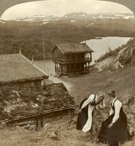 ボクスリ湖を見下ろすボッテンの道端の旅館でゴシップ-ノルウェーのハウケリ山を望む 作： Unbekannt