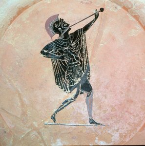 トランペットを持つギリシャの兵士のギリシャの花瓶の絵 作： Unbekannt