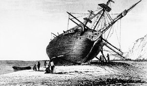 HMSビーグルは、南アメリカ、パタゴニア、リオサンタクルーズに上陸しました。1834年1839年 作： Unbekannt