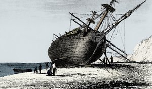 HMSビーグルは、南アメリカ、パタゴニア、リオサンタクルーズに上陸しました。1834年1839年 作： Unbekannt