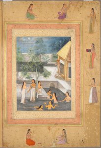 ハーレムの夜の入浴シーン直訳：装飾用のボーダーに囲まれた書道... verso、c。 1650。 作： Unbekannt
