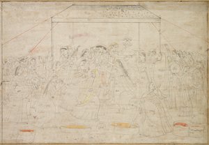 ヒンドゥー教の神クリシュナは春祭りの女性の服を着ているホーリーc 1790年。