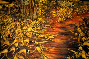 歴史、植民地支配、絵画、戦い、1908年のバリ人に対するオランダ人の戦い、タマン・ギリ宮殿内の博物館、クルンクン、セマラプラ、バリ、インドネシア、東南アジア、アジア 作： Unbekannt