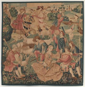 狩猟と牧歌のシーン、花輪をまとったヒーローが女性の間で c. 1510年。