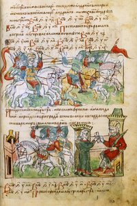 Igor Svyatoslavichsは、15世紀のRadziwill Chronicleのペチェネグと戦います 作： Unbekannt