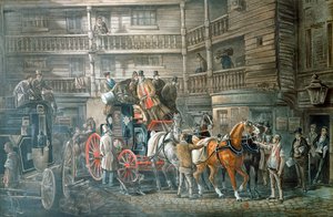 メールコーチが出発する準備をしているインヤード、c1840