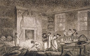 1804年、ロンドンのシティ、リーデンホール・ストリートにあるナサニエル・ベントレーの施設の内観 作： Unbekannt