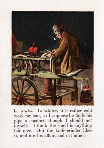 巡回ナイフ研削盤、踏み板で砥石を回して刃を研ぐ、C1867 作： Unbekannt