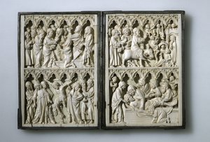 14世紀のポーランドのヤドヴィガ女王のキリストプロパティの生涯からのシーンが描かれた象牙の二部作 作： Unbekannt