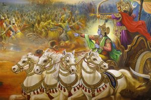 ジャララム・プラートナヒンドゥー寺院（レスター）。フレスコ画。クルクシェトラの戦場でアルジュナを導く戦車乗りのクリシュナ。イギリス 作： Unbekannt