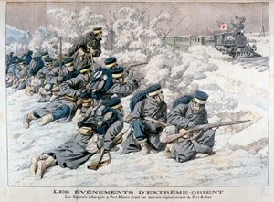 1904年の日露戦争、満州、ポートアーサー近くの病院列車に対する日本人の攻撃 作： Unbekannt