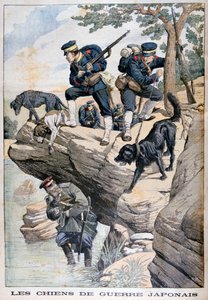 犬を連れた日本兵がロシア人を隠蔽している日露戦争、1904 作： Unbekannt