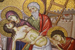 十字架から降りるイエス、イエス・キリストの埋葬を描いたモザイクアートの詳細、聖墳墓教会、エルサレム、イスラエル 作： Unbekannt