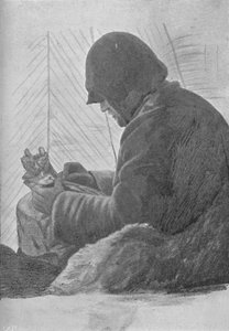小屋の寝袋に座っているヨハンセン、c1893-1896、1897 作： Unbekannt