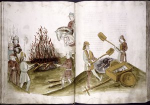 ジョン・フスは、1415年7月6日の賭けで焼かれ、彼の遺灰はラインに流し込まれます：Ulrich Richental Chronicle of the Coun、1414-1418 作： Unbekannt