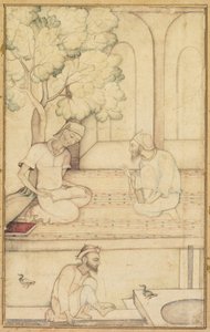 カビールと二人の信者のテラスでの直訳、書道の対、c。 1610-1620。