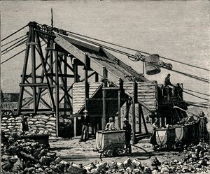 キンバリーダイヤモンド鉱山：透熱地球を引き上げるための装置、1896年 作： Unbekannt