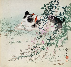 草花の中の子猫 - 和風プリント 作： Unbekannt