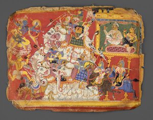 クリシュナが悪魔ナラカの軍隊と戦う: バガヴァタ プラーナ写本からのページ。 1540年。 作： Unbekannt