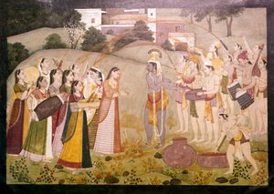 ホーリーの春祭りを祝うクリシュナ、c1770-1780 作： Unbekannt