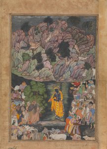 クリシュナはゴヴァルダン山を持ち上げてブラジの村人を保護します, フォリオから..., ca. 1590-95。 作： Unbekannt