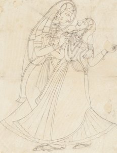 ラダを抱きしめる女性に扮したクリシュナ、19世紀。 作： Unbekannt